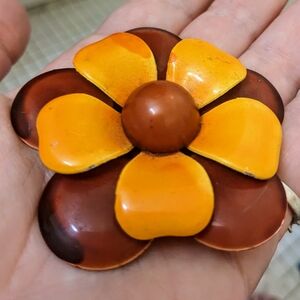 Vintage XL Orange and Brown Enamel Flower Brooch 60s